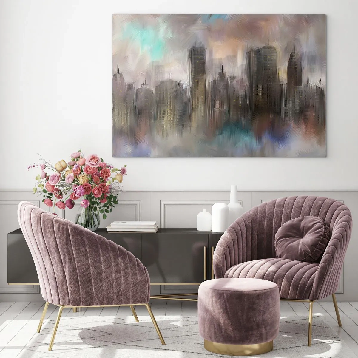 Glasbild - Bild auf glas - Abstraktes Bild einer Stadt mit Wolkenkratzern - 120x80cm - Eine Komposition aus Stahl, Stein und Nebel - Moderne Wanddekoration für Wohnzimmer und Schlafzimmer ARTTOR