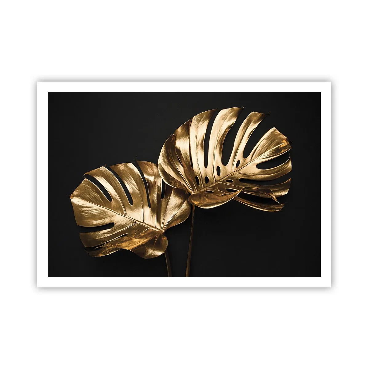 Poster - Goldene Monstera-Blätter auf schwarzem Hintergrund - 100x70cm - Die Schätze der Natur - Moderne Wanddekoration für Wohnzimmer und Schlafzimmer ARTTOR
