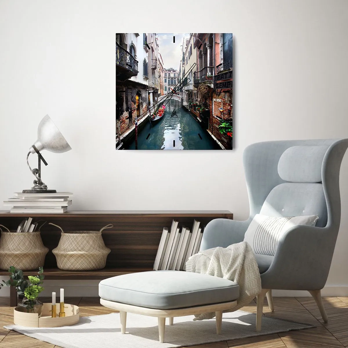 Wanduhr - Glasuhr - Venezianische Landschaft mit Gondel und Brücke - 40x40 cm