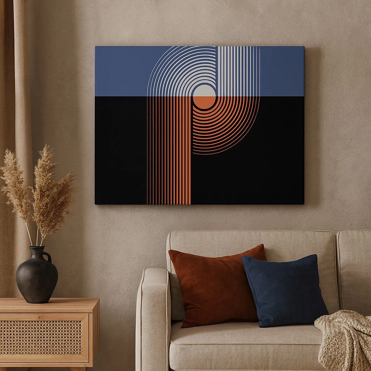 Bild auf Leinwand - Leinwandbild - Geometrische Abstraktion mit Linien in Marineblau und Orange. - 70x50cm - In einer geometrischen Umarmung - Moderne Wanddekoration für Wohnzimmer und Schlafzimmer ARTTOR