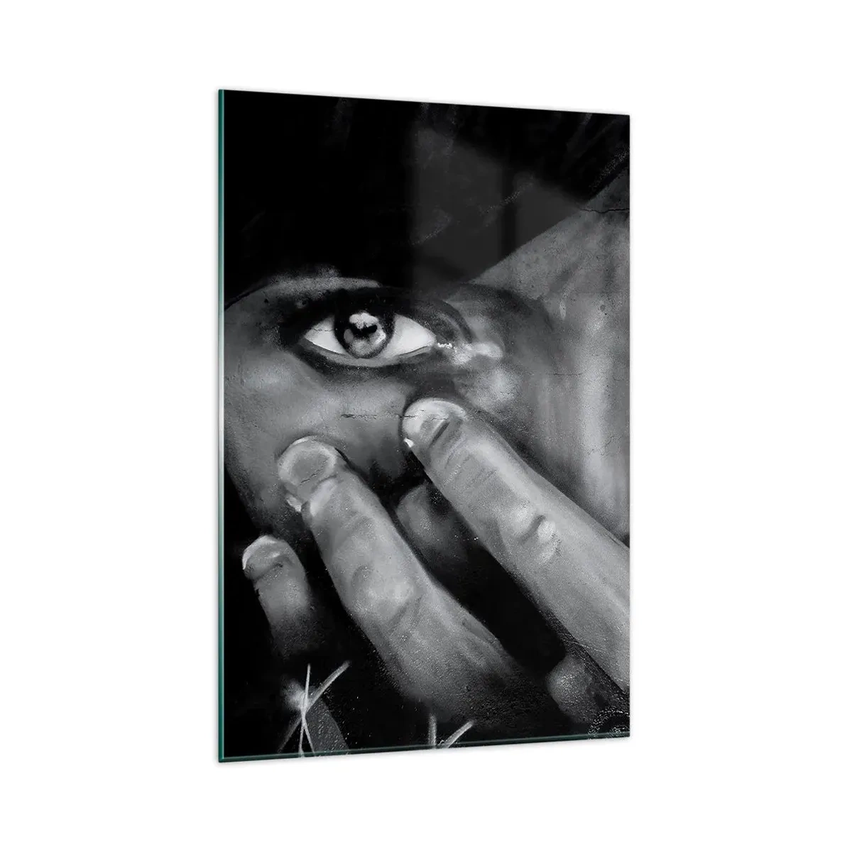 Glasbild - Bild auf glas - Schwarz-Weiß-Porträt einer Frau, die ihr Gesicht mit den Händen bedeckt. - 80x120cm - Ich werde nicht sagen, wer es gemalt hat - Moderne Wanddekoration für Wohnzimmer und Schlafzimmer ARTTOR