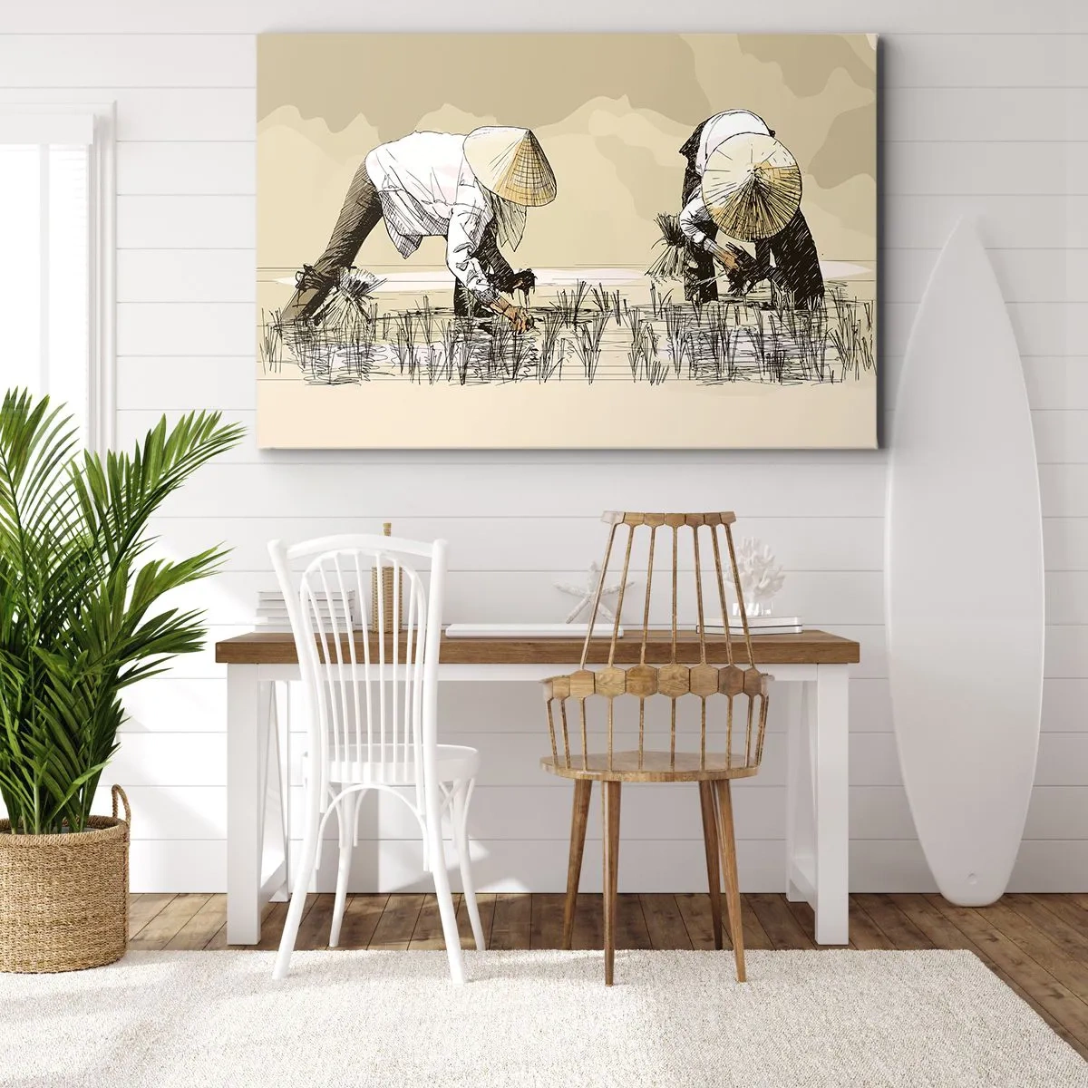 Bild auf Leinwand - Leinwandbild - Bauern bei der Arbeit auf einem Reisfeld mit traditioneller Kopfbedeckung - 70x50cm - Erfolgreiche Ernte - Moderne Wanddekoration für Wohnzimmer und Schlafzimmer ARTTOR