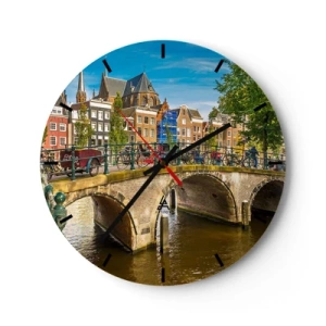 Wanduhr - Glasuhr - Eine malerische Brücke über den Kanal, umgeben von Gebäuden und Fahrrädern - 30x30cm - Frühling am Kanal - Moderne Wanddekoration für Wohnzimmer, Küche und Schlafzimmer ARTTOR