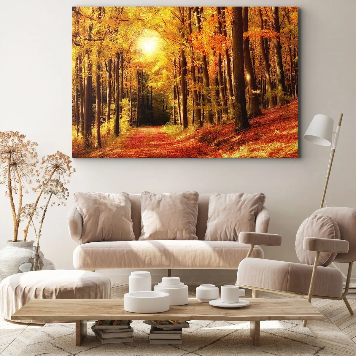 Bild auf Leinwand - Leinwandbild - Herbstwald mit Sonnenstrahlen, die durch die Bäume scheinen - 70x50cm - Goldener Herbst auf einer Forststraße - Moderne Wanddekoration für Wohnzimmer und Schlafzimmer ARTTOR