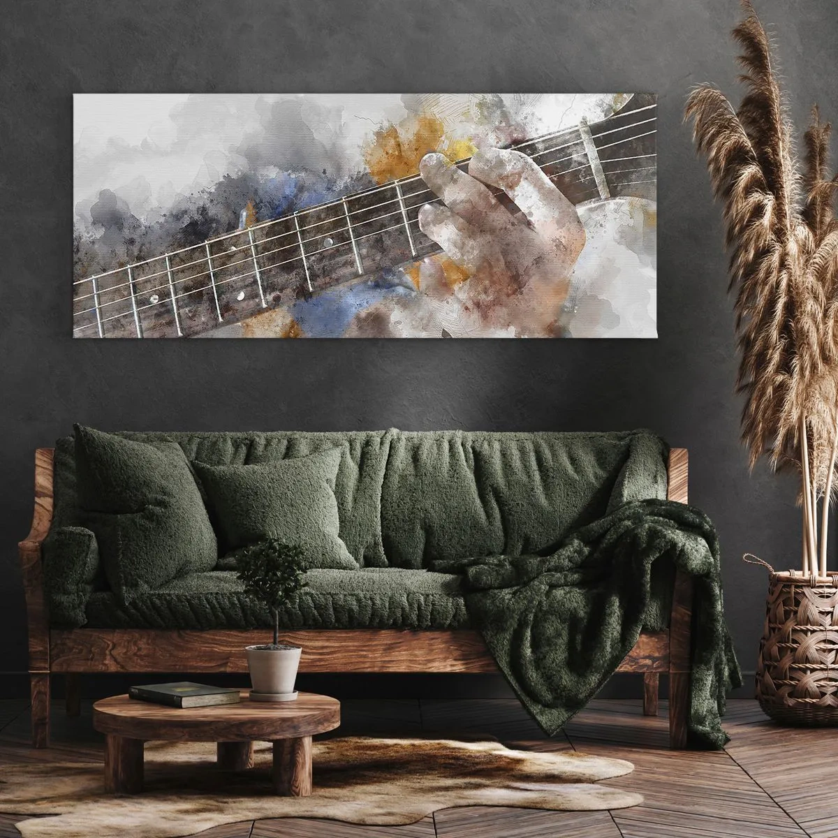 Bild auf Leinwand - Leinwandbild - Abstraktes Bild einer Hand, die Gitarre spielt - 120x50cm - Poesie zwischen den Saiten - Moderne Wanddekoration für Wohnzimmer und Schlafzimmer ARTTOR