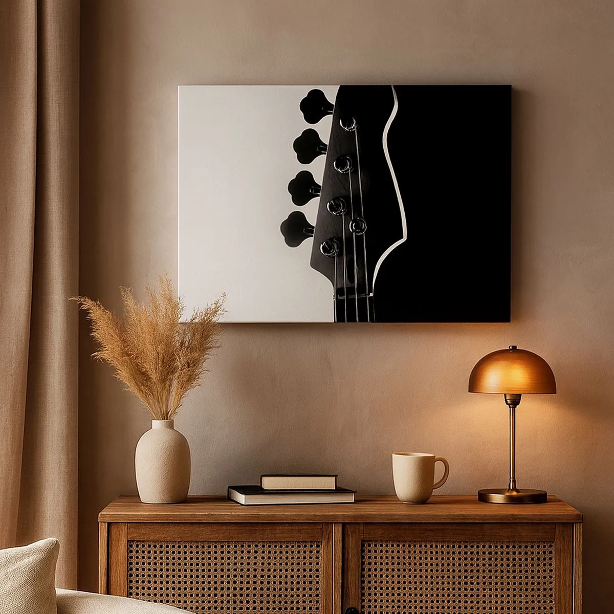 Bild auf Leinwand - Leinwandbild - Schwarz-weiße Silhouette einer Bassgitarren-Kopfplatte - 70x50cm - Rockige Stille - Moderne Wanddekoration für Wohnzimmer und Schlafzimmer ARTTOR