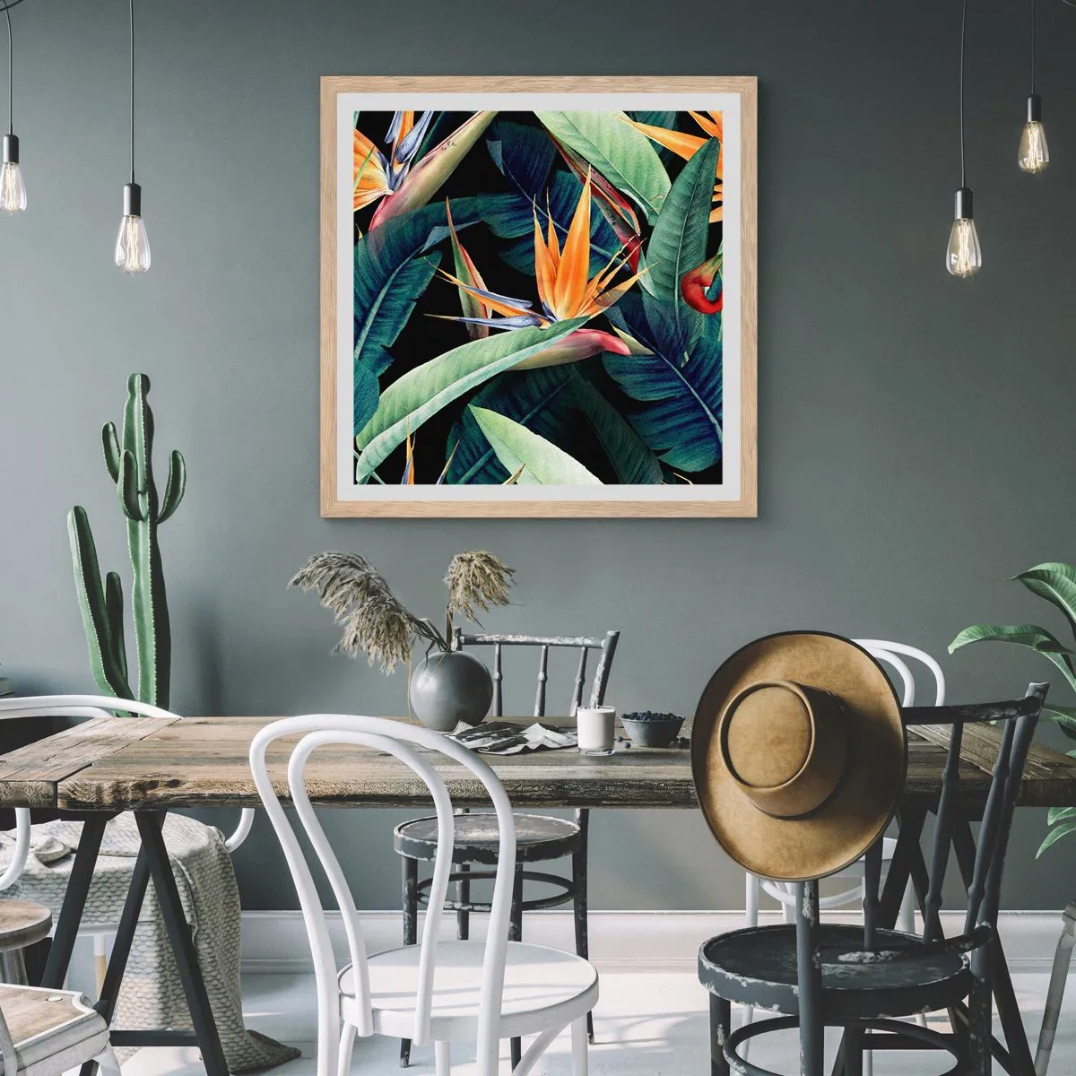 Poster in einem Rahmen aus heller Eiche - Flammende Blumen der Tropen - 40x40 cm