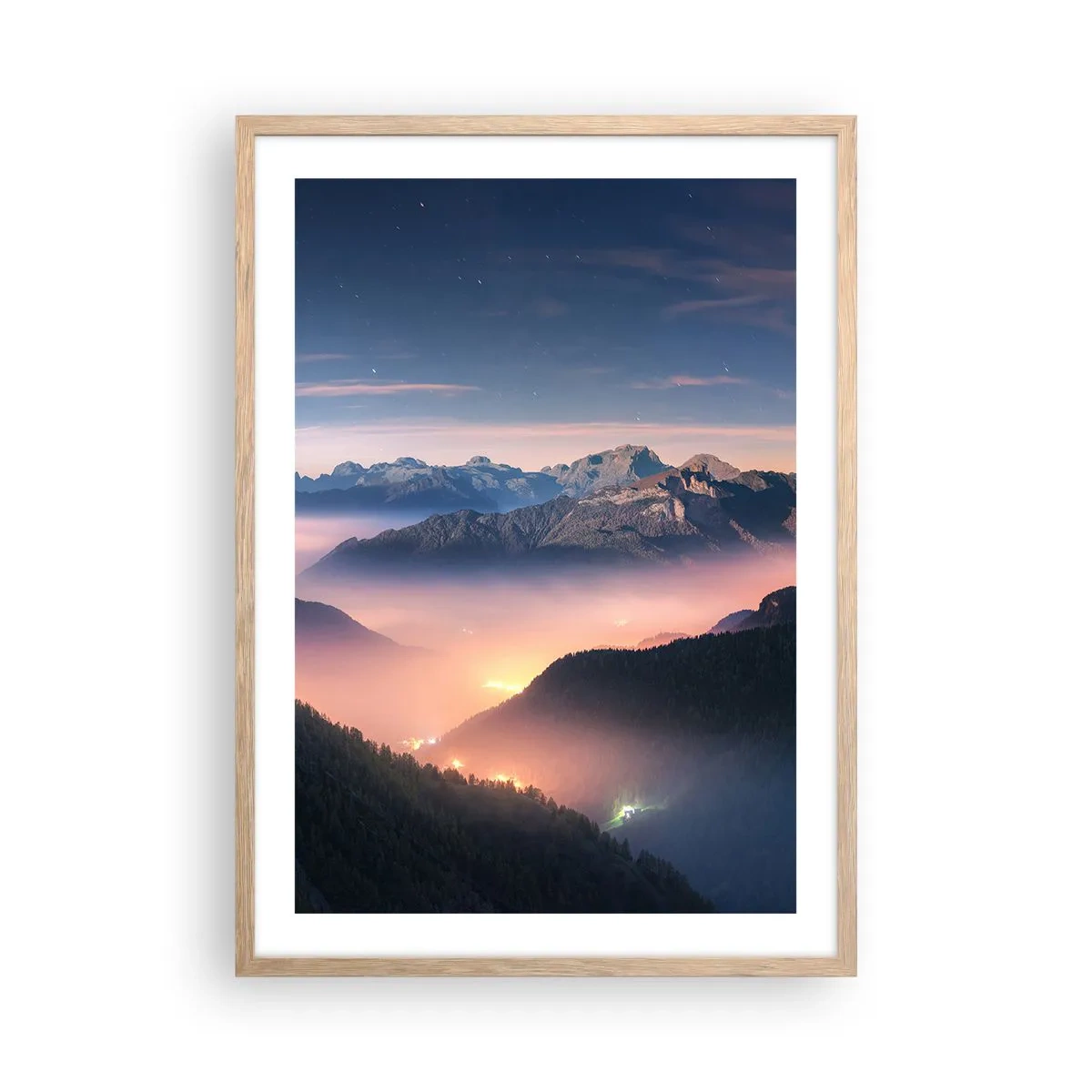 Poster in einem Rahmen aus heller Eiche - Licht in den Tälern - 50x70 cm