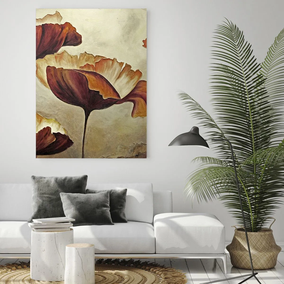 Glasbild - Bild auf glas - Mohnblumen in Rot- und Goldtönen auf hellem Hintergrund - 50x70cm - Weideland - Moderne Wanddekoration für Wohnzimmer und Schlafzimmer ARTTOR