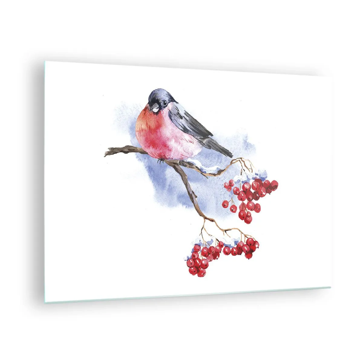 Glasbild - Bild auf glas - Ein Vogel auf einem Ebereschenzweig - 70x50cm - Winter in Farbe - Moderne Wanddekoration für Wohnzimmer und Schlafzimmer ARTTOR
