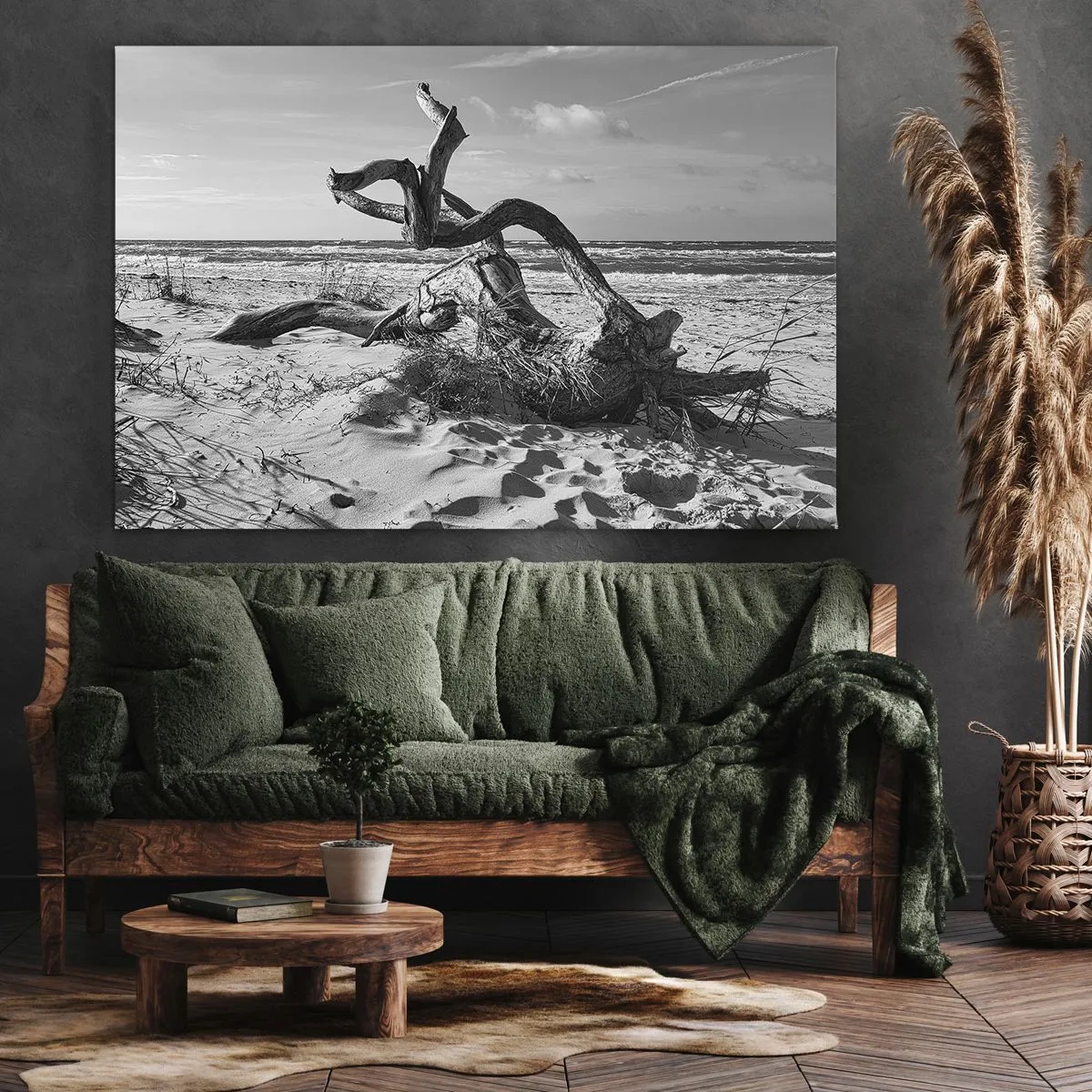Bild auf Leinwand - Leinwandbild - Schwarz-weiße Landschaft mit einem toten Baum am Strand - 70x50cm - Meeresskulptur - Moderne Wanddekoration für Wohnzimmer und Schlafzimmer ARTTOR