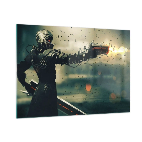 Glasbild - Bild auf glas - Ein Cyberkrieger im futuristischen Stil mit Energiewaffen - 100x70cm - Tödliche Waffe - Dein ganz eigener Terminator - Moderne Wanddekoration für Wohnzimmer und Schlafzimmer ARTTOR