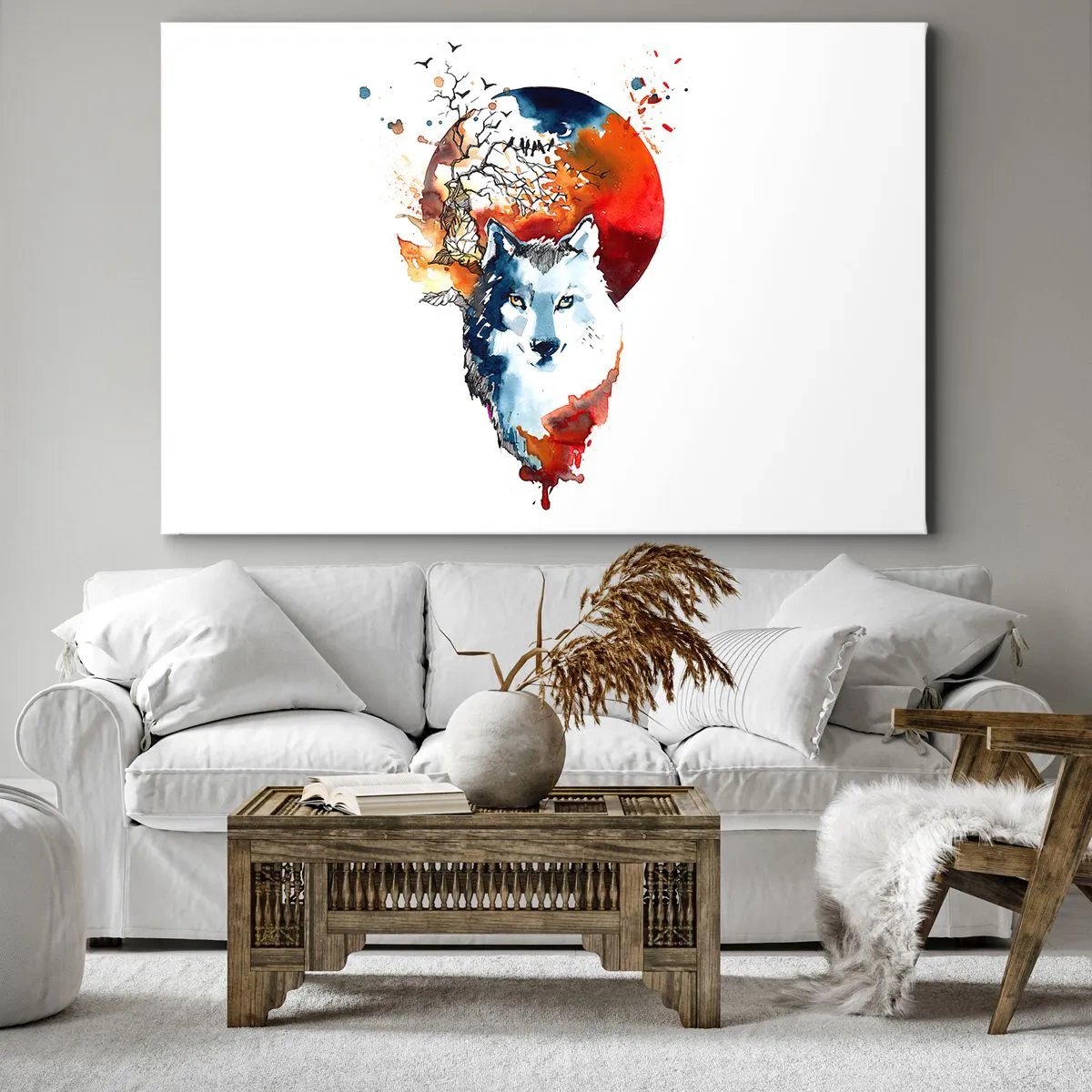 Bild auf Leinwand - Leinwandbild - Abstraktes Aquarell eines Wolfes vor einem roten Mond - 100x70cm - Nase an Nase mit der Nacht - Moderne Wanddekoration für Wohnzimmer und Schlafzimmer ARTTOR