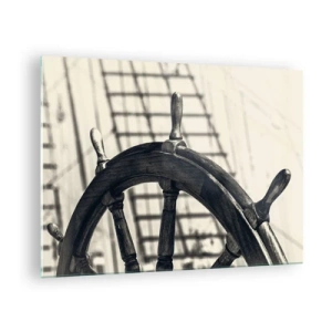 Glasbild - Bild auf glas - Schwarz-weißes nautisches Schiffsrad - 70x50cm - Meeresgeschichten - Moderne Wanddekoration für Wohnzimmer und Schlafzimmer ARTTOR