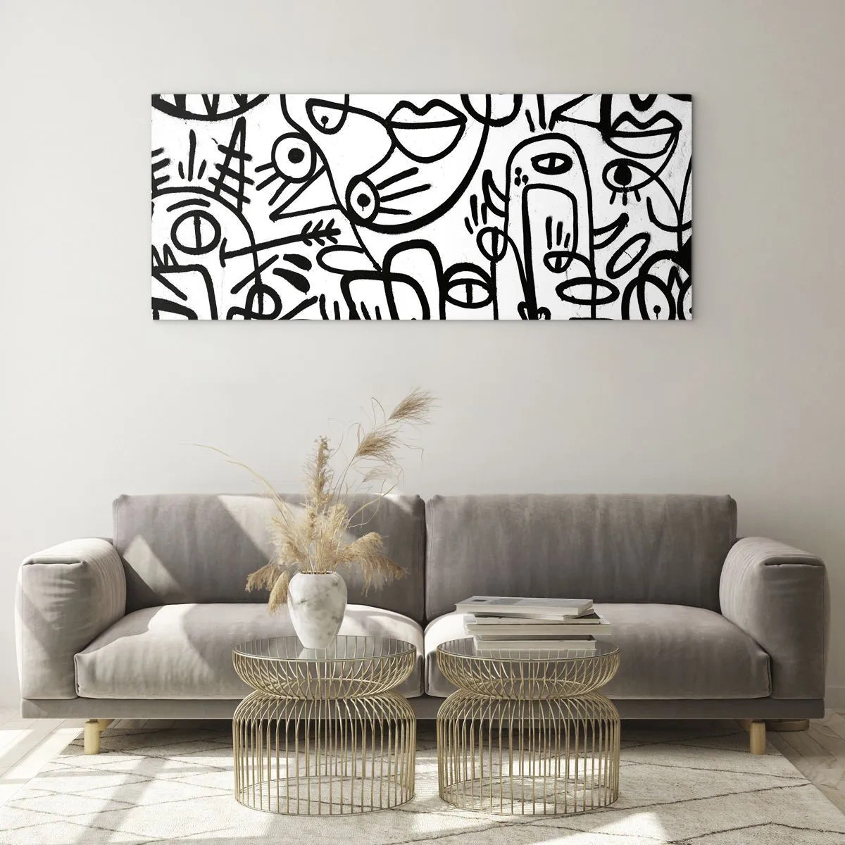Glasbild - Bild auf glas - Schwarz-weiße abstrakte Zeichnungen mit Gesichtsmotiven - 120x50cm - Gesichter und Luftspiegelungen - Moderne Wanddekoration für Wohnzimmer und Schlafzimmer ARTTOR