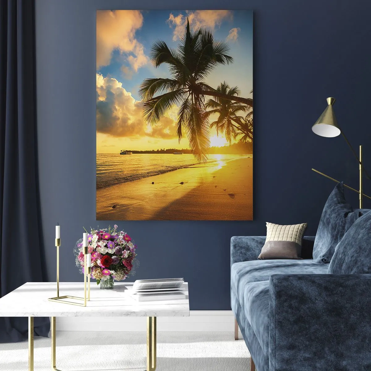Glasbild - Bild auf glas - Tropischer Strand mit Palmen bei Sonnenuntergang - 50x70cm - Karibischer Traum - Moderne Wanddekoration für Wohnzimmer und Schlafzimmer ARTTOR