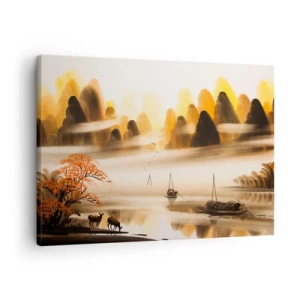 Bild auf Leinwand - Leinwandbild - Eine orientalische Landschaft mit Fluss, Bergen und sanftem Nebel. - 70x50cm - Weiter als im Fernosten - Moderne Wanddekoration für Wohnzimmer und Schlafzimmer ARTTOR