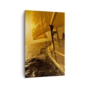 Bild auf Leinwand - Leinwandbild - Segelboot auf See bei Sonnenuntergang, goldener Schein. - 80x120cm - Ein goldener Abend nach einem bunten Tag - Moderne Wanddekoration für Wohnzimmer und Schlafzimmer ARTTOR