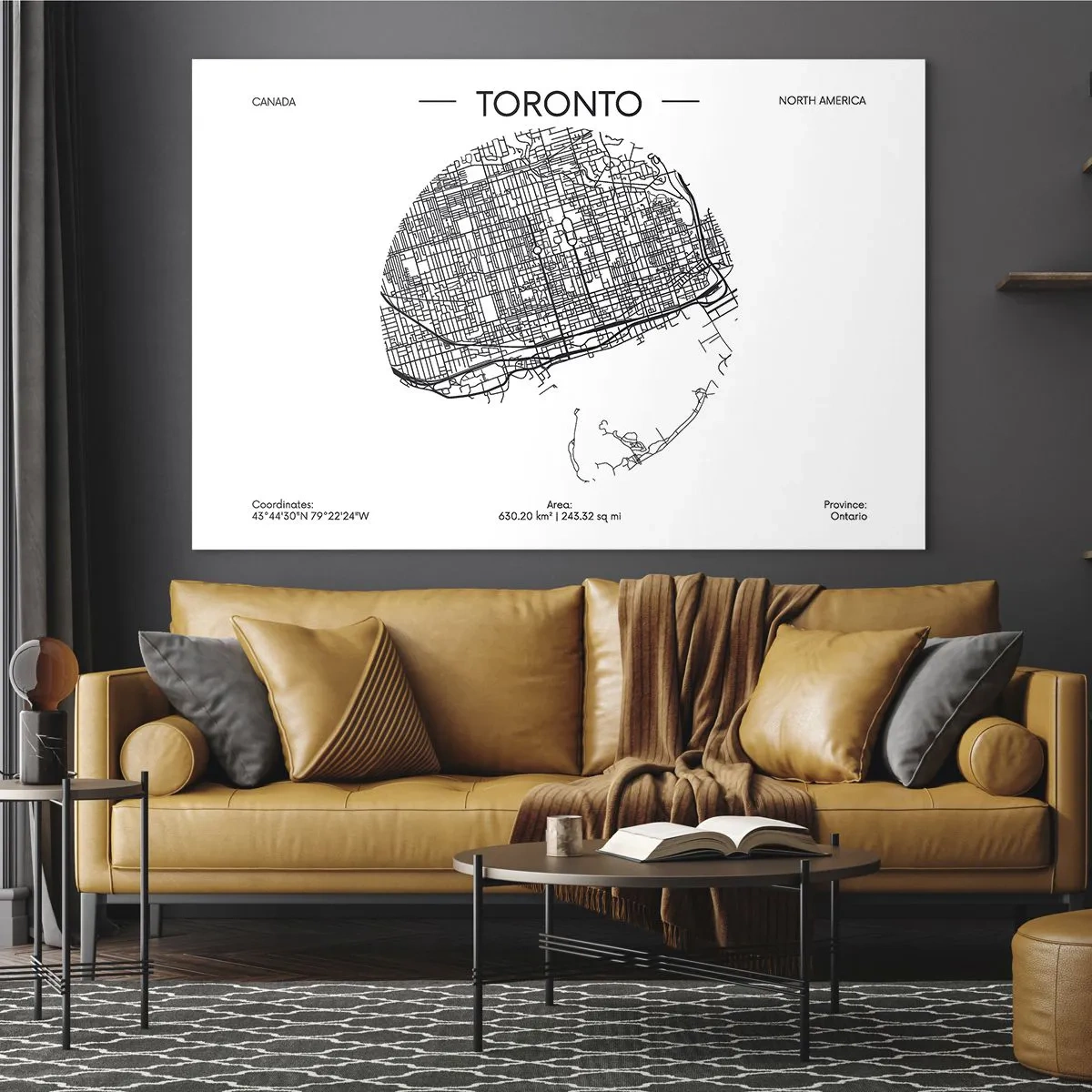 Glasbild - Bild auf glas - Eine minimalistische Karte von Toronto mit einem Straßenraster. - 70x50cm - Anatomie von Toronto - Moderne Wanddekoration für Wohnzimmer und Schlafzimmer ARTTOR