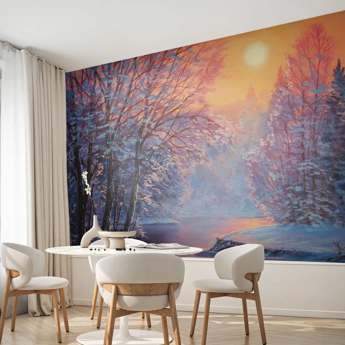 Fototapete Premium Sand - Winterlandschaft bei Sonnenuntergang über dem Fluss - 100x70cm - Die Farben des Winters - Moderne Wanddekoration für Wohnzimmer und Schlafzimmer ARTTOR