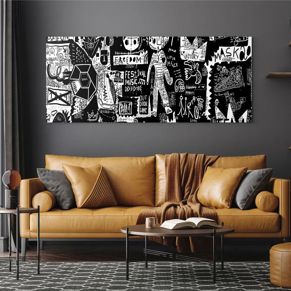 Glasbild - Bild auf glas - Von der Straßenkunst inspirierte Schwarz-Weiß-Collage - 140x50cm - Spirituelle Jugend des Gesetzes und der Freude - Moderne Wanddekoration für Wohnzimmer und Schlafzimmer ARTTOR