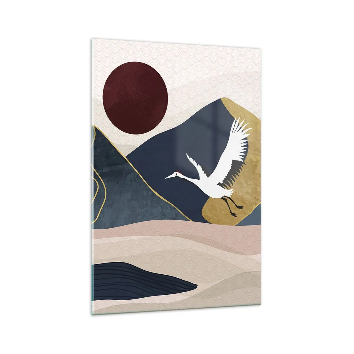 Glasbild - Bild auf glas - Kraniche im Flug vor der Kulisse der Berge und einer roten Sonne - 70x100cm - Es ist wieder ein Tag VERFLOGEN - Moderne Wanddekoration für Wohnzimmer und Schlafzimmer ARTTOR