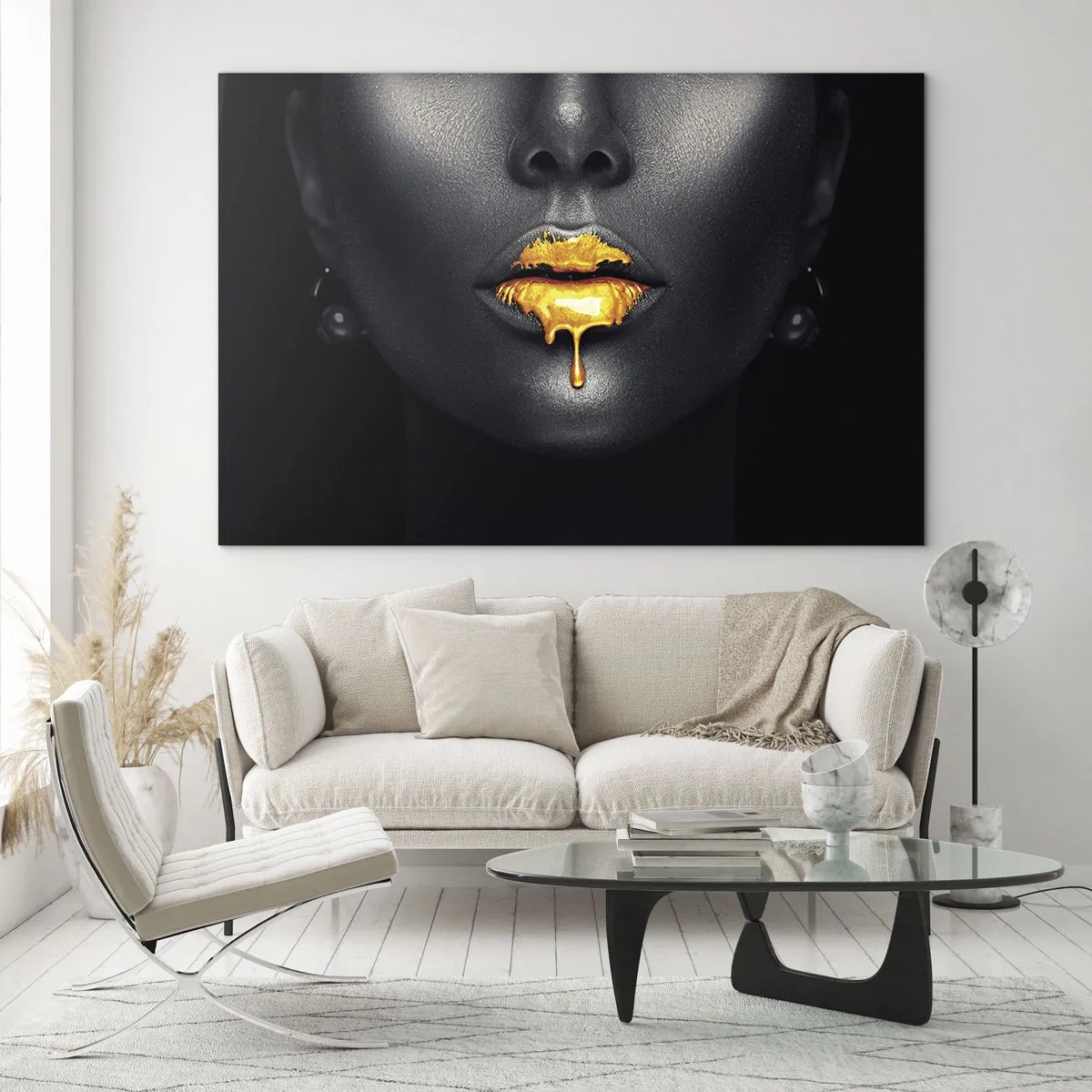 Glasbild - Bild auf glas - Schwarz-goldenes Porträt einer Frau mit glänzenden Lippen - 120x80cm - Goldmaul - Moderne Wanddekoration für Wohnzimmer und Schlafzimmer ARTTOR