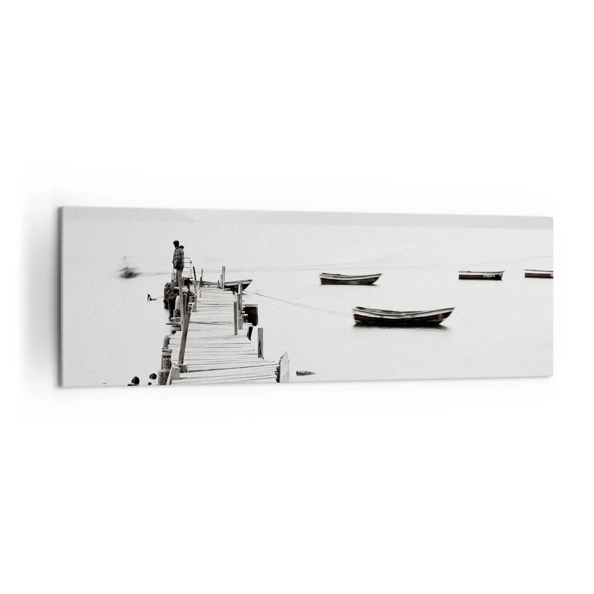 Bild auf Leinwand - Leinwandbild - Holzsteg und Boote auf ruhigem Wasser - 160x50cm - Ruhig und sauber über dem Wasser - Moderne Wanddekoration für Wohnzimmer und Schlafzimmer ARTTOR