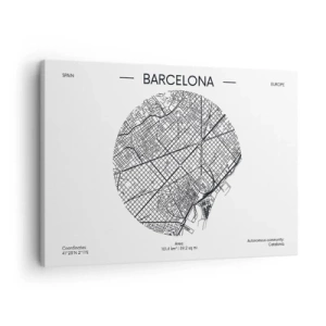 Bild auf Leinwand - Leinwandbild - Eine Karte von Barcelona im minimalistischen Schwarz-Weiß-Stil - 70x50cm - Anatomie von Barcelona - Moderne Wanddekoration für Wohnzimmer und Schlafzimmer ARTTOR