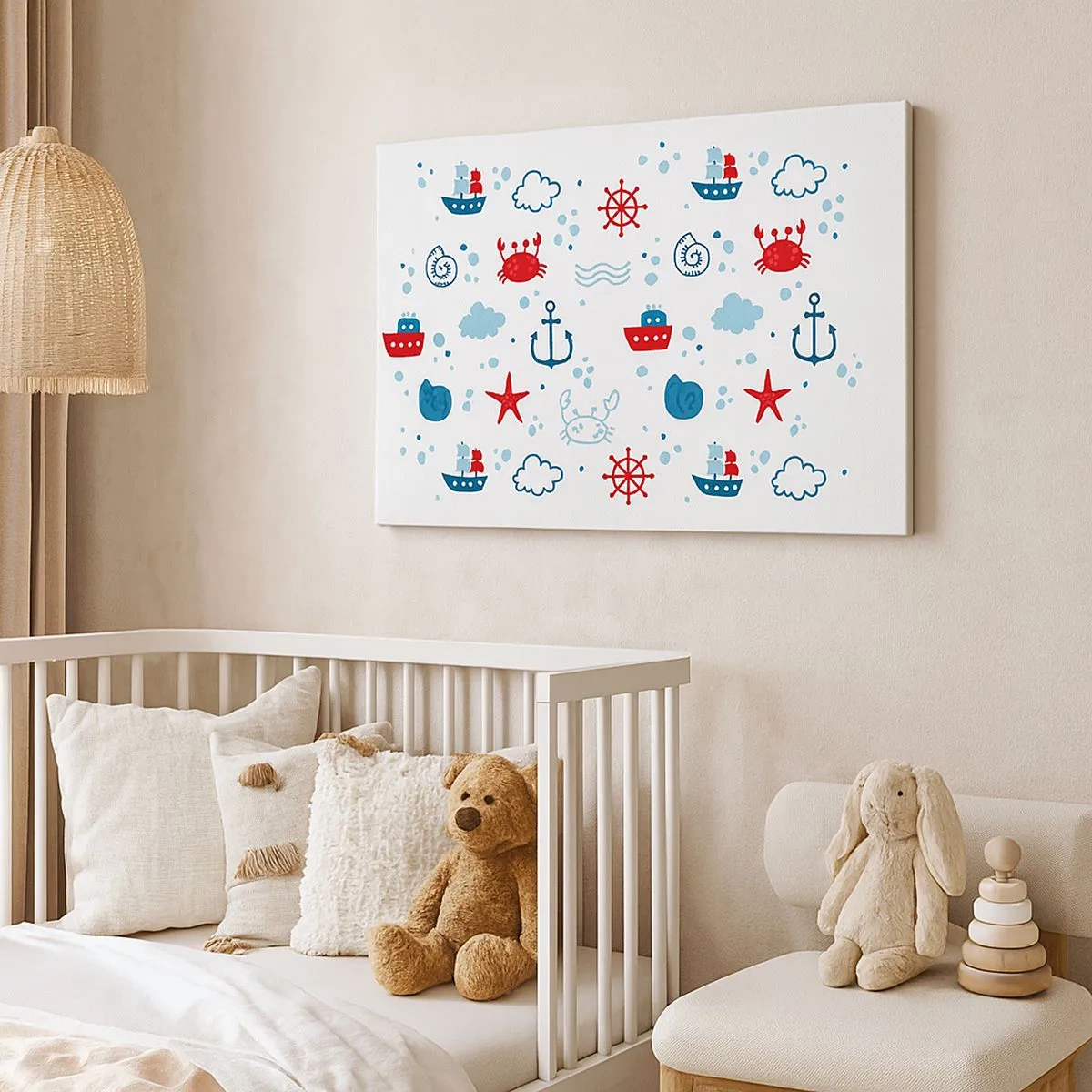 Bild auf Leinwand - Leinwandbild - Nautisches Muster mit Ankern, Schiffen und Krabben - 70x50cm - Märchen vom Meer - Moderne Wanddekoration für Wohnzimmer und Schlafzimmer ARTTOR