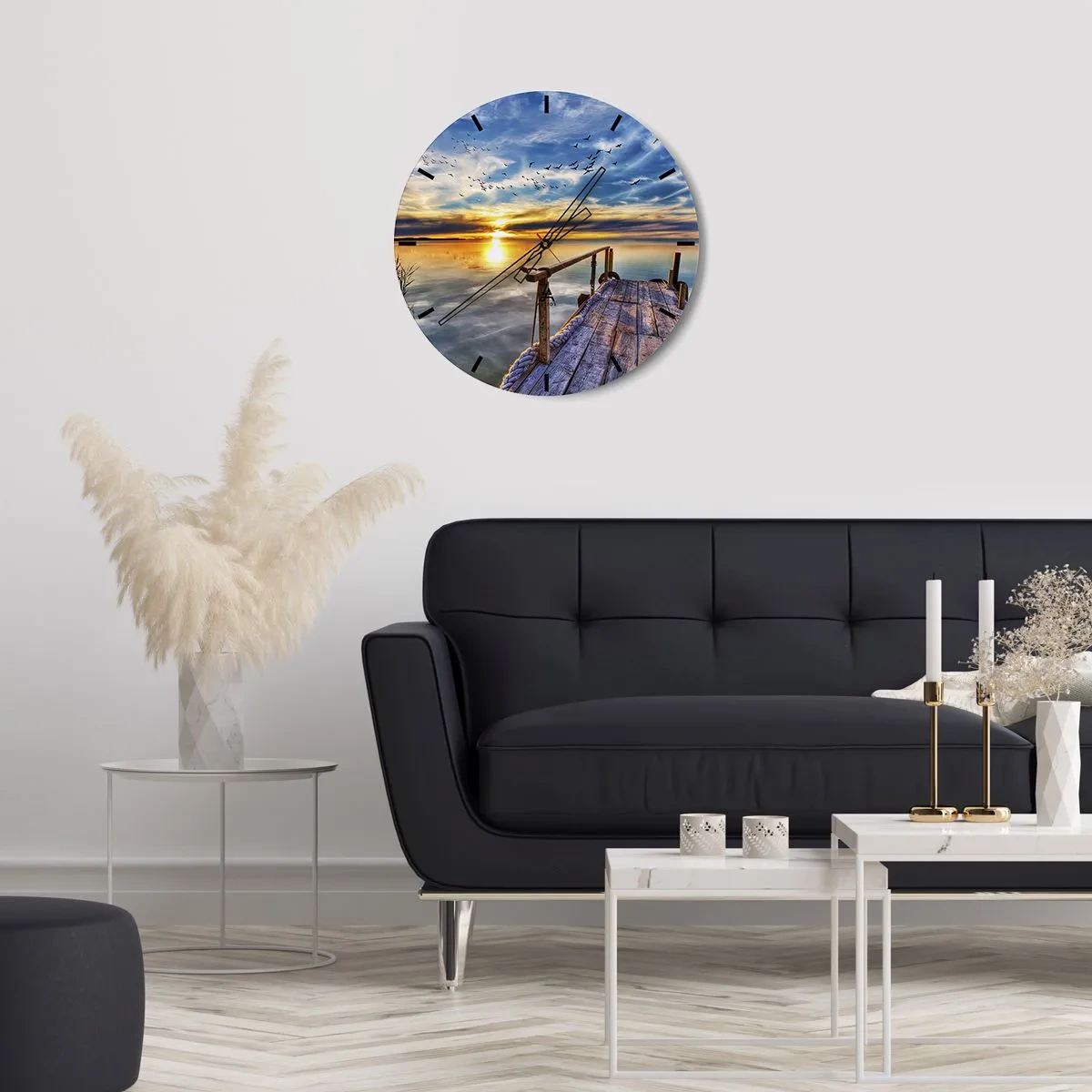 Wanduhr - Glasuhr - Holzsteg über dem See bei Sonnenuntergang - 30x30cm - Der Wind geht zur Ruhe - Moderne Wanddekoration für Wohnzimmer, Küche und Schlafzimmer ARTTOR