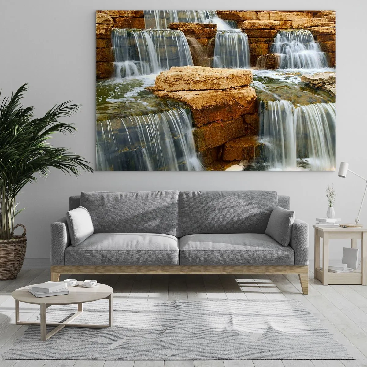 Glasbild - Bild auf glas - Wasserfall auf felsigem Hintergrund - 120x80cm - Treppe zum Himmel - Moderne Wanddekoration für Wohnzimmer und Schlafzimmer ARTTOR