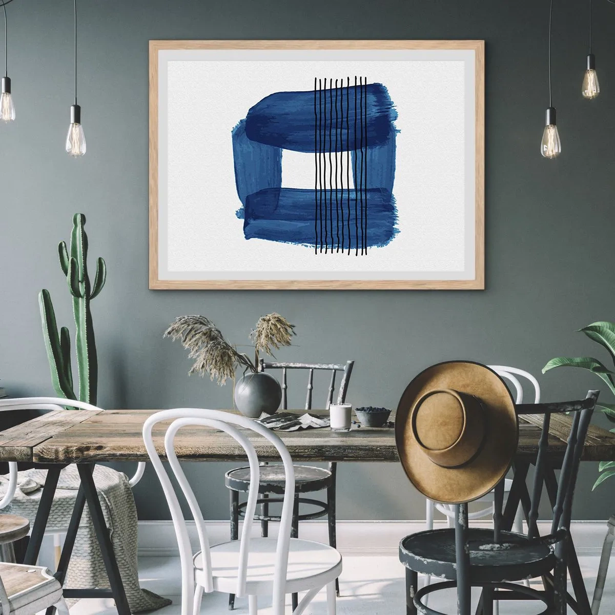 Poster in einem Rahmen aus heller Eiche - Blaue und schwarze Komposition - 100x70 cm