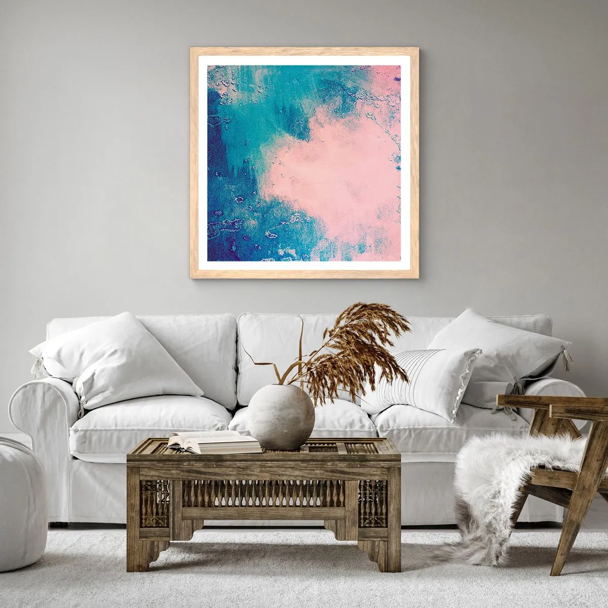 Poster in einem Rahmen aus heller Eiche - Himmelsblaue Umarmungen - 30x30 cm