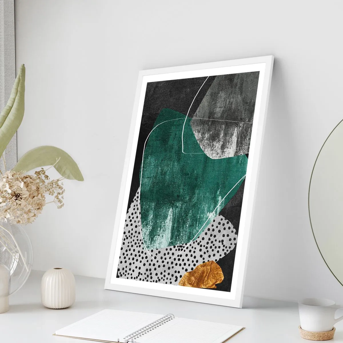 Poster in einem weißen Rahmen - Bunte Abstraktion mit Blattgold - 61x91 cm