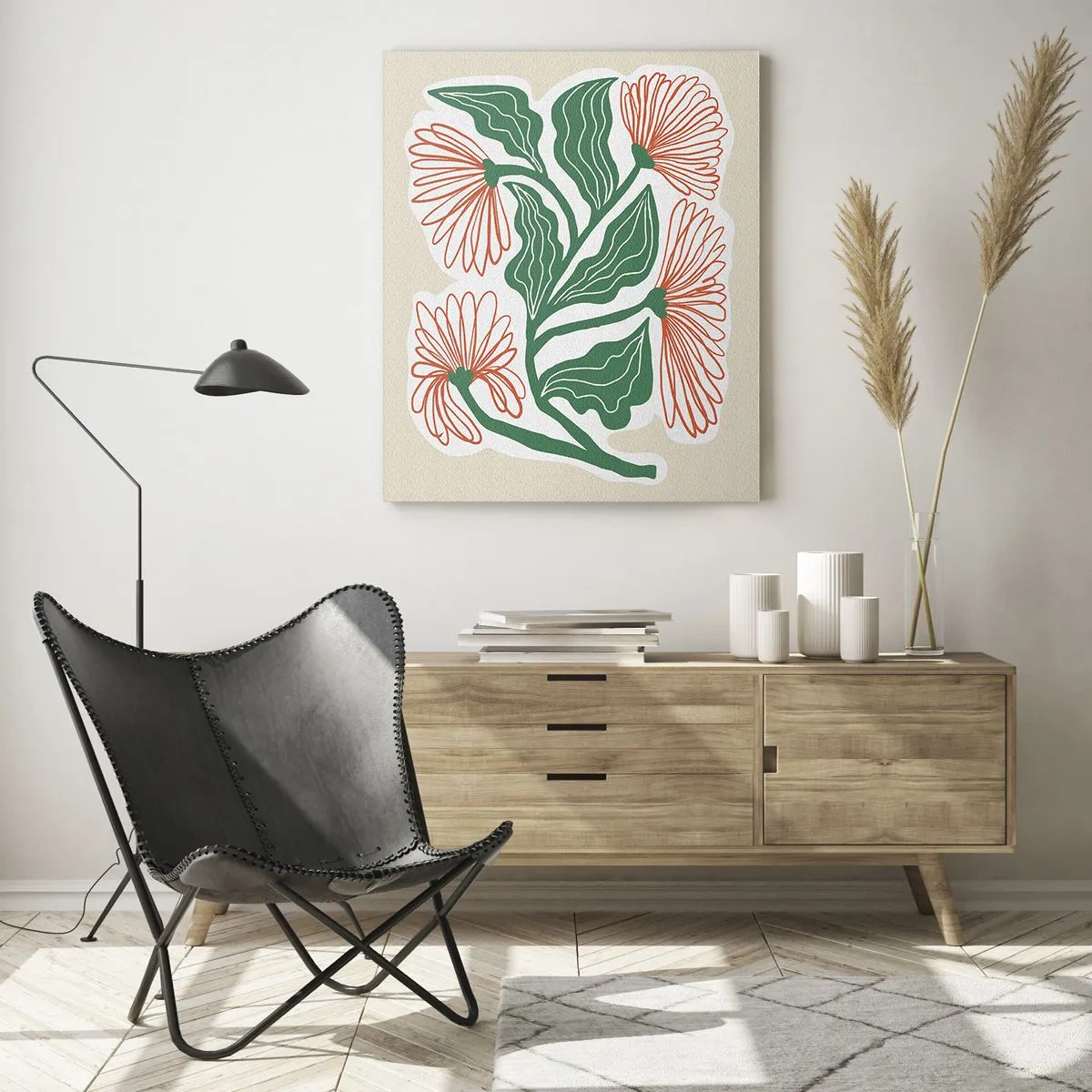Glasbild - Bild auf glas - Eine Blumenzeichnung im minimalistischen Stil mit grünen Blättern - 70x100cm - Im Folkstil und modern - Moderne Wanddekoration für Wohnzimmer und Schlafzimmer ARTTOR