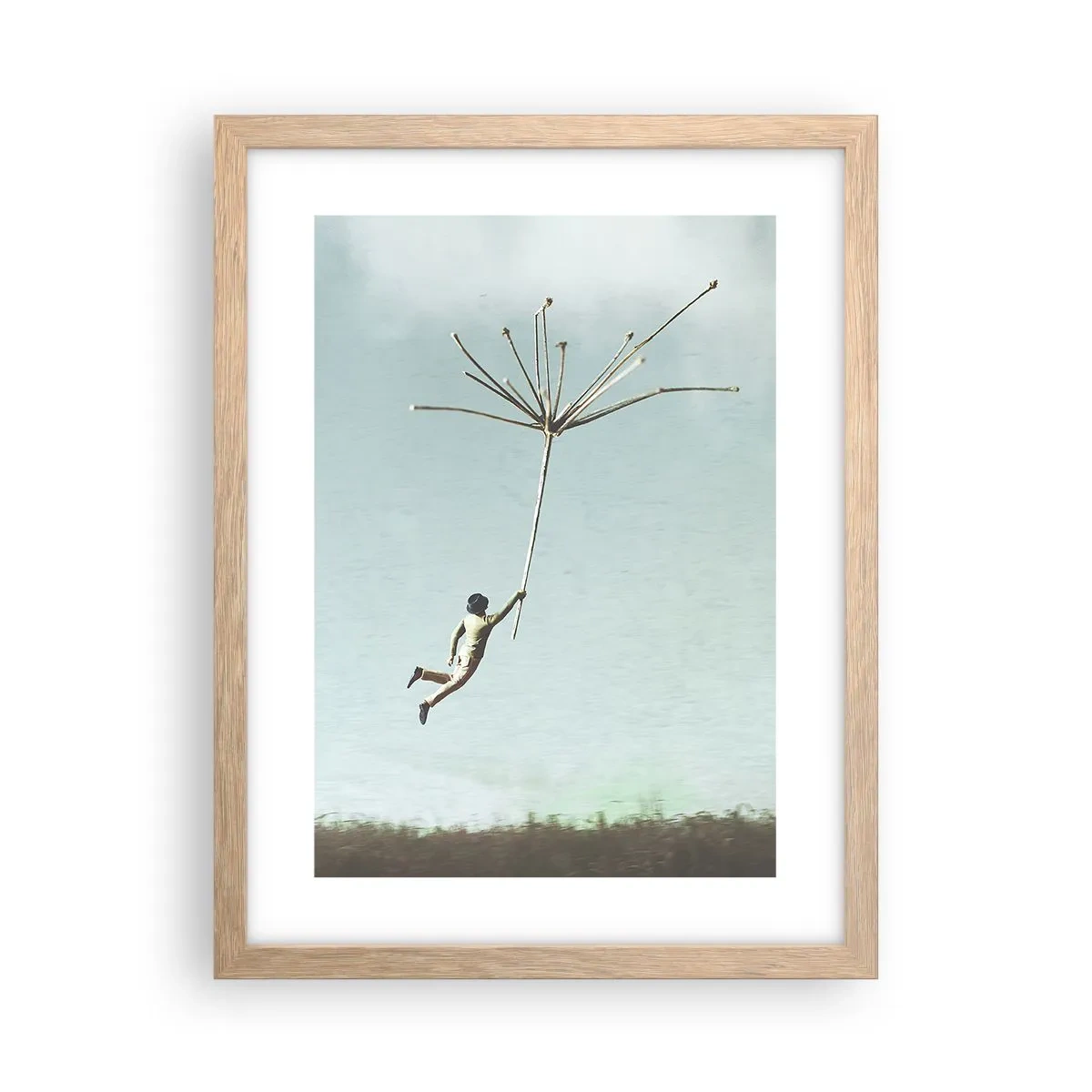 Poster in einem Rahmen aus heller Eiche - Drachen, Löwenzahn, Wind - 30x40 cm