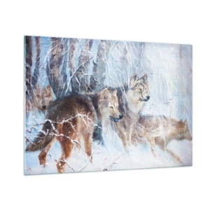 Glasbild - Bild auf glas - Drei Wölfe in einem Winterwald, umgeben von Schnee - 100x70cm - Beachtung! Hier kommt ... - Moderne Wanddekoration für Wohnzimmer und Schlafzimmer ARTTOR