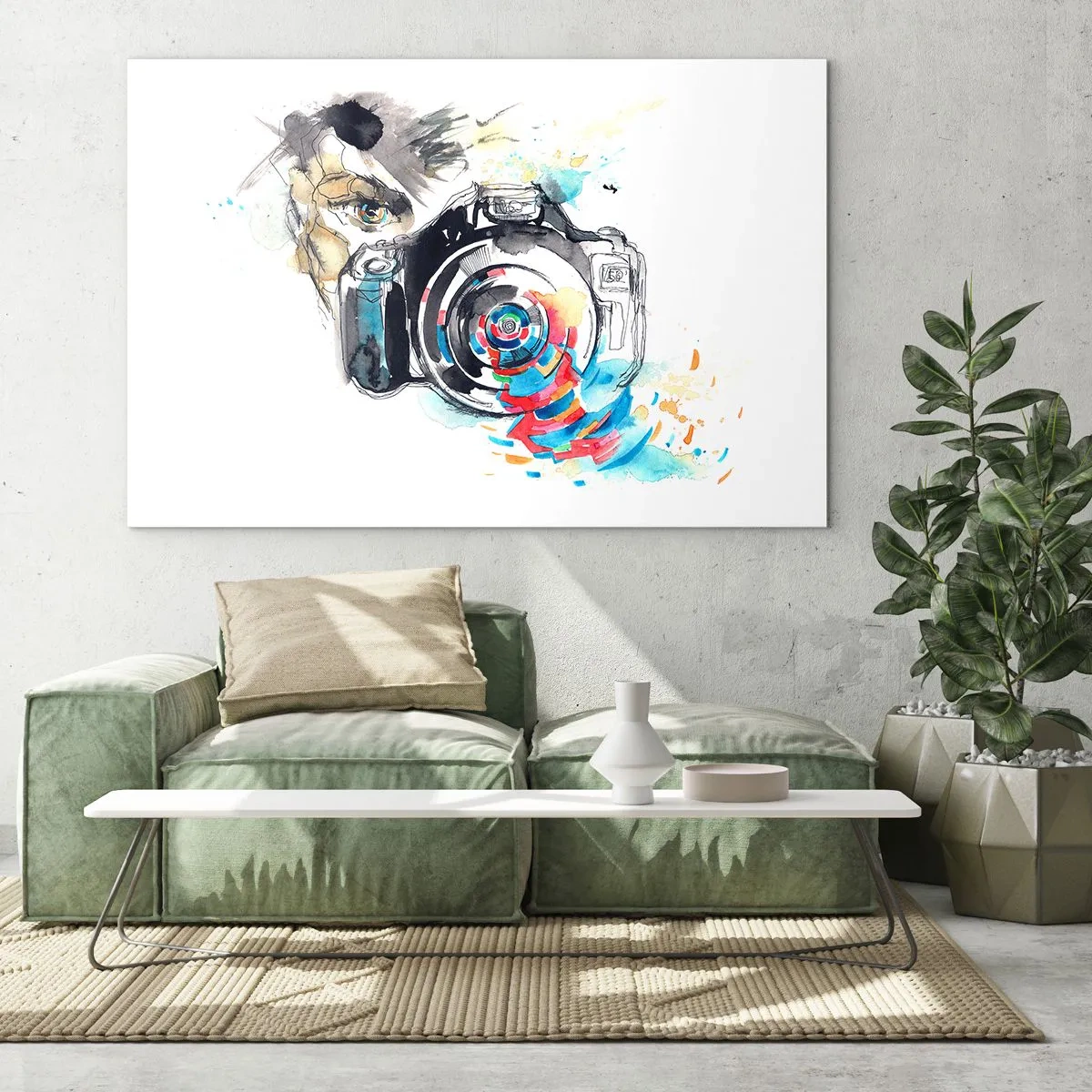 Glasbild - Bild auf glas - Kamera mit abstrakten bunten Elementen - 120x80cm - Im Auge der Linse - Moderne Wanddekoration für Wohnzimmer und Schlafzimmer ARTTOR