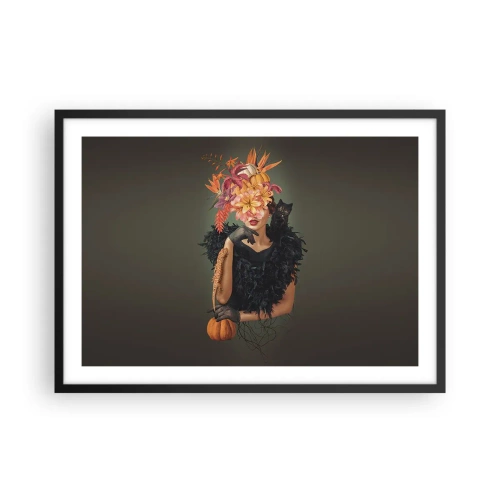 Poster in einem schwarzem Rahmen - Frauenbildnis mit Herbstmotiven und Katze - 70x50cm - Der Zauber einer Hexe - Moderne Wanddekoration für Wohnzimmer und Schlafzimmer ARTTOR
