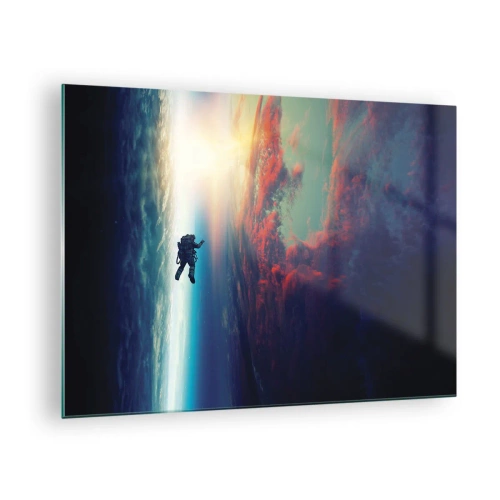 Glasbild - Bild auf glas - Ein Astronaut, der durch den Weltraum in Richtung Licht treibt - 70x50cm - Sich dem Universum stellen - Moderne Wanddekoration für Wohnzimmer und Schlafzimmer ARTTOR