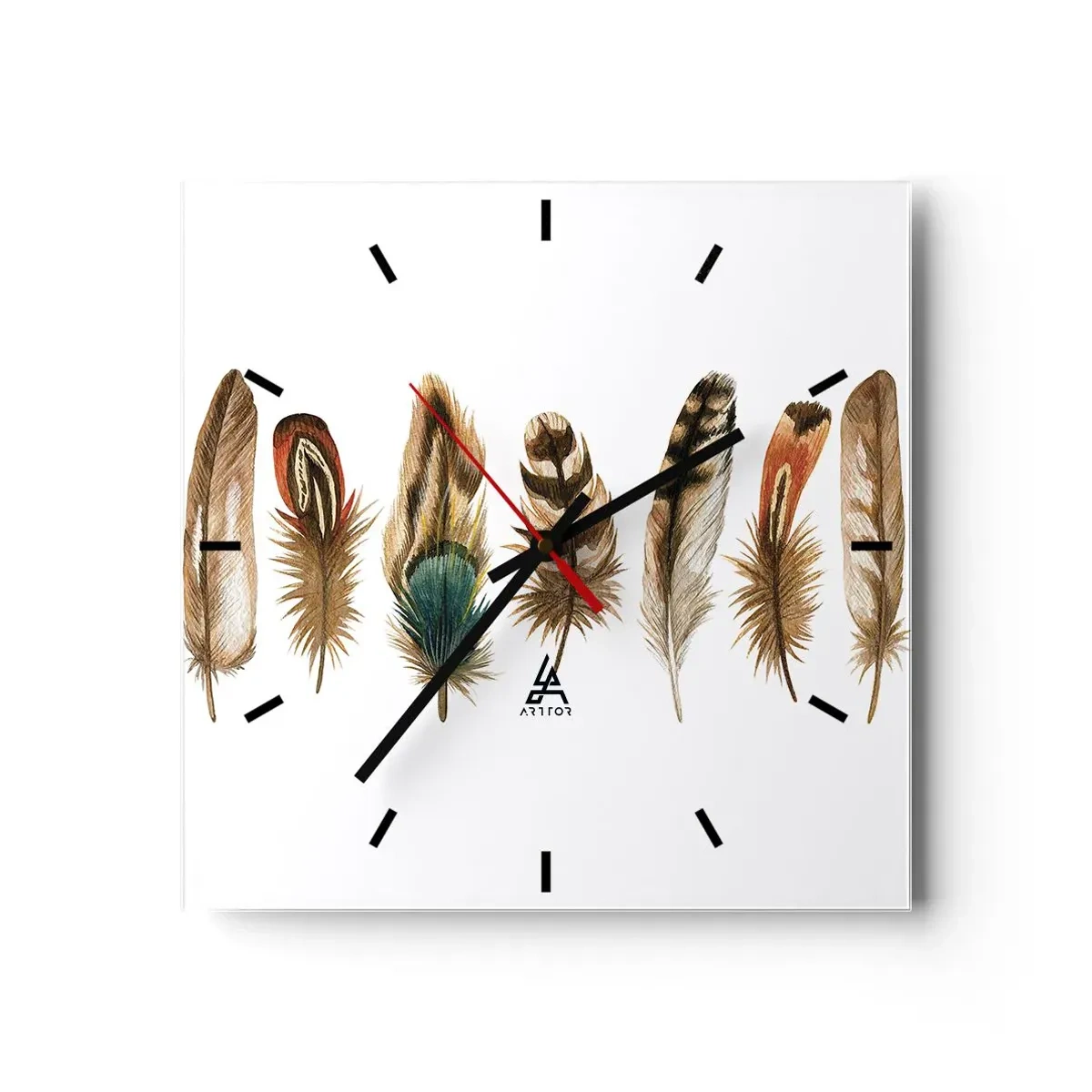 Wanduhr - Glasuhr - Dekoratives Motiv einer Sammlung verschiedener Federn - 30x30cm - Eine federleichte Variante - Moderne Wanddekoration für Wohnzimmer und Schlafzimmer ARTTOR