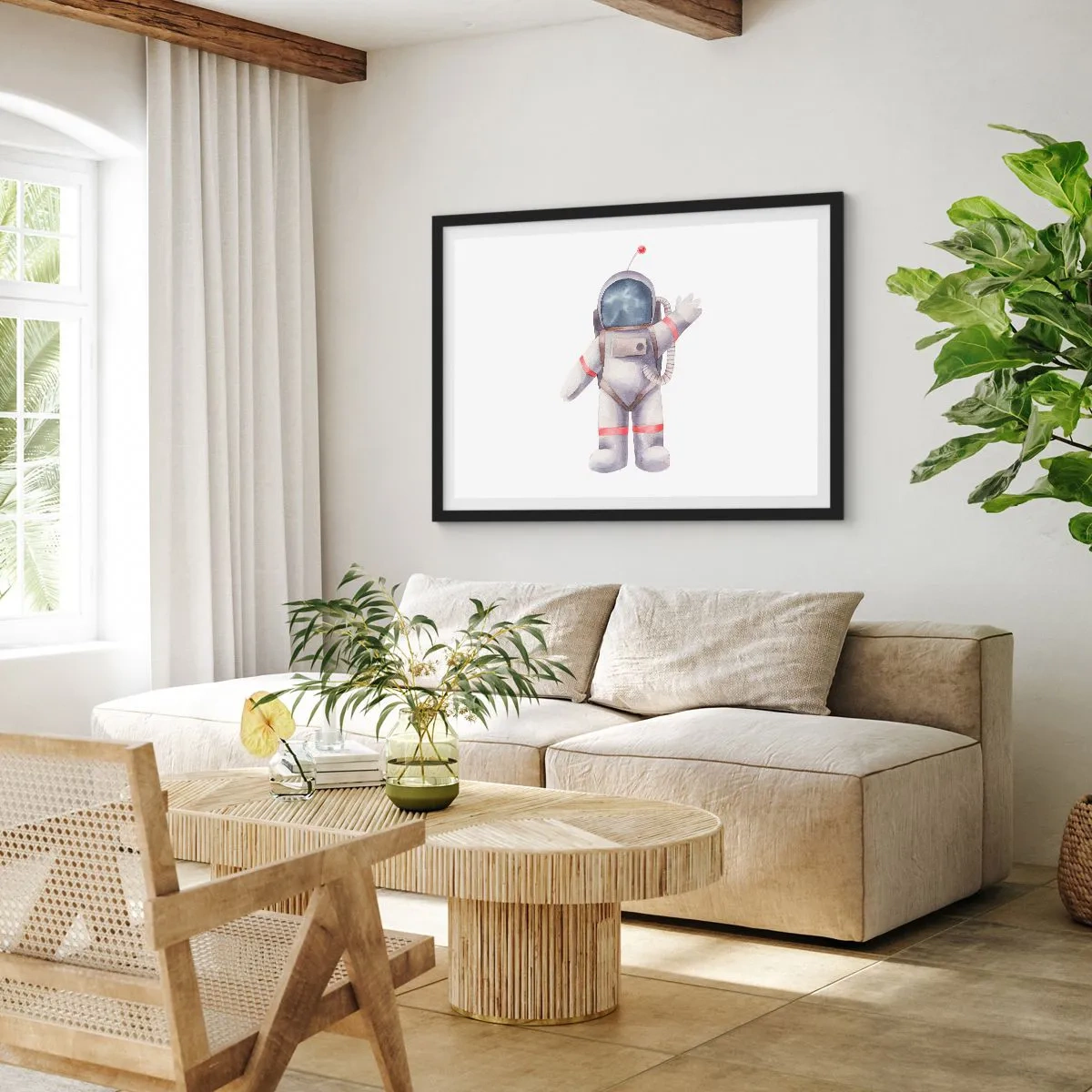 Poster in einem schwarzem Rahmen - Astronaut im Aquarellstil auf weißem Hintergrund - 100x70cm - Bis dann! - Moderne Wanddekoration für Wohnzimmer und Schlafzimmer ARTTOR