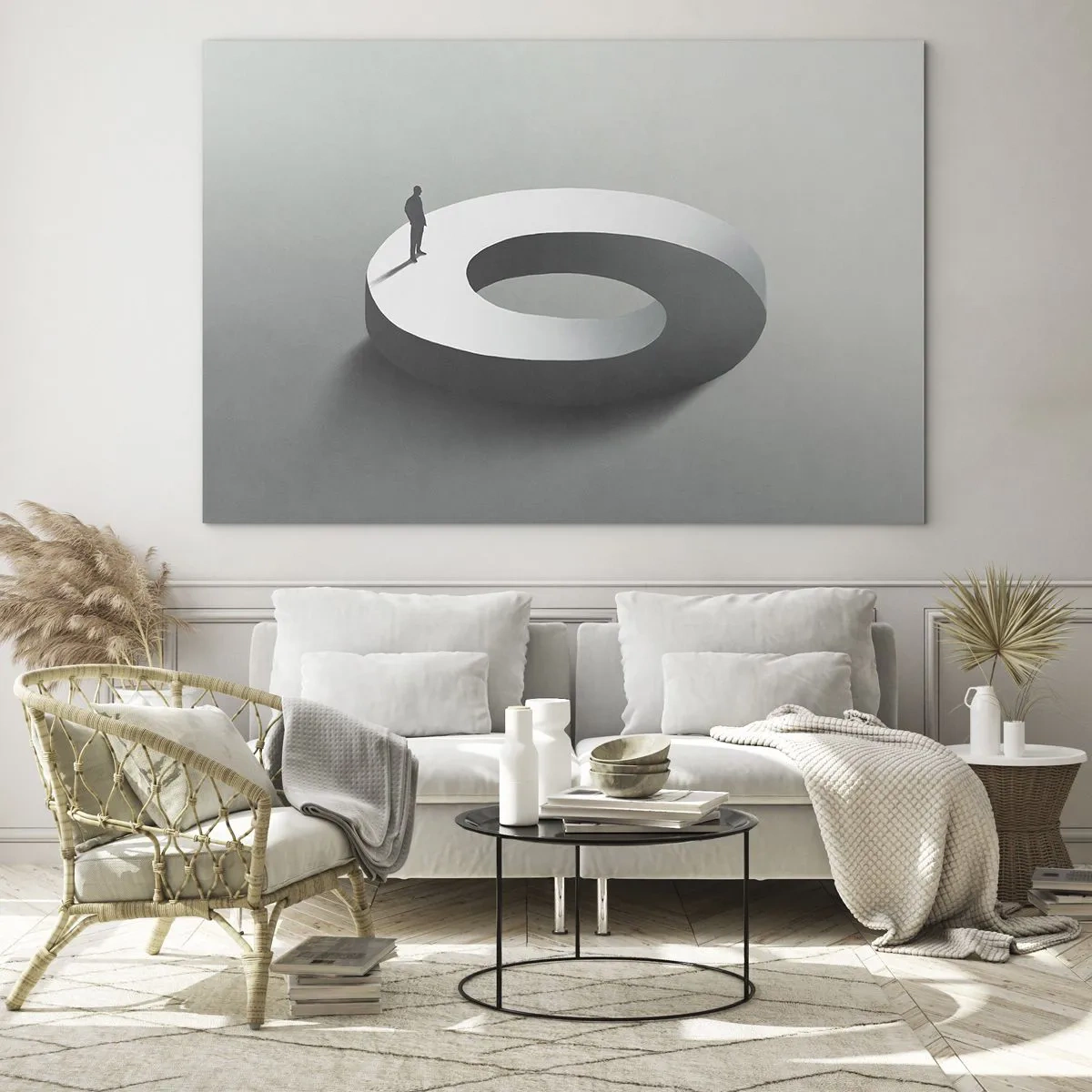 Glasbild - Bild auf glas - Eine minimalistische Silhouette eines Mannes auf einem weißen Ring - 120x80cm - Und wie soll man davon klug werden - Moderne Wanddekoration für Wohnzimmer und Schlafzimmer ARTTOR