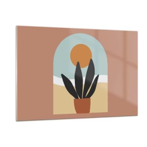 Glasbild - Bild auf glas - Eine abstrakte Szene mit einer Topfpflanze und der Sonne im Hintergrund, in Pastellfarben. - 120x80cm - Kleine Freuden - Moderne Wanddekoration für Wohnzimmer und Schlafzimmer ARTTOR