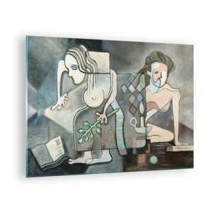 Glasbild - Bild auf glas - Eine abstrakte Szene mit zwei Figuren im kubistischen Stil. - 70x50cm - Mosaik aus Geist und Materie - Moderne Wanddekoration für Wohnzimmer und Schlafzimmer ARTTOR