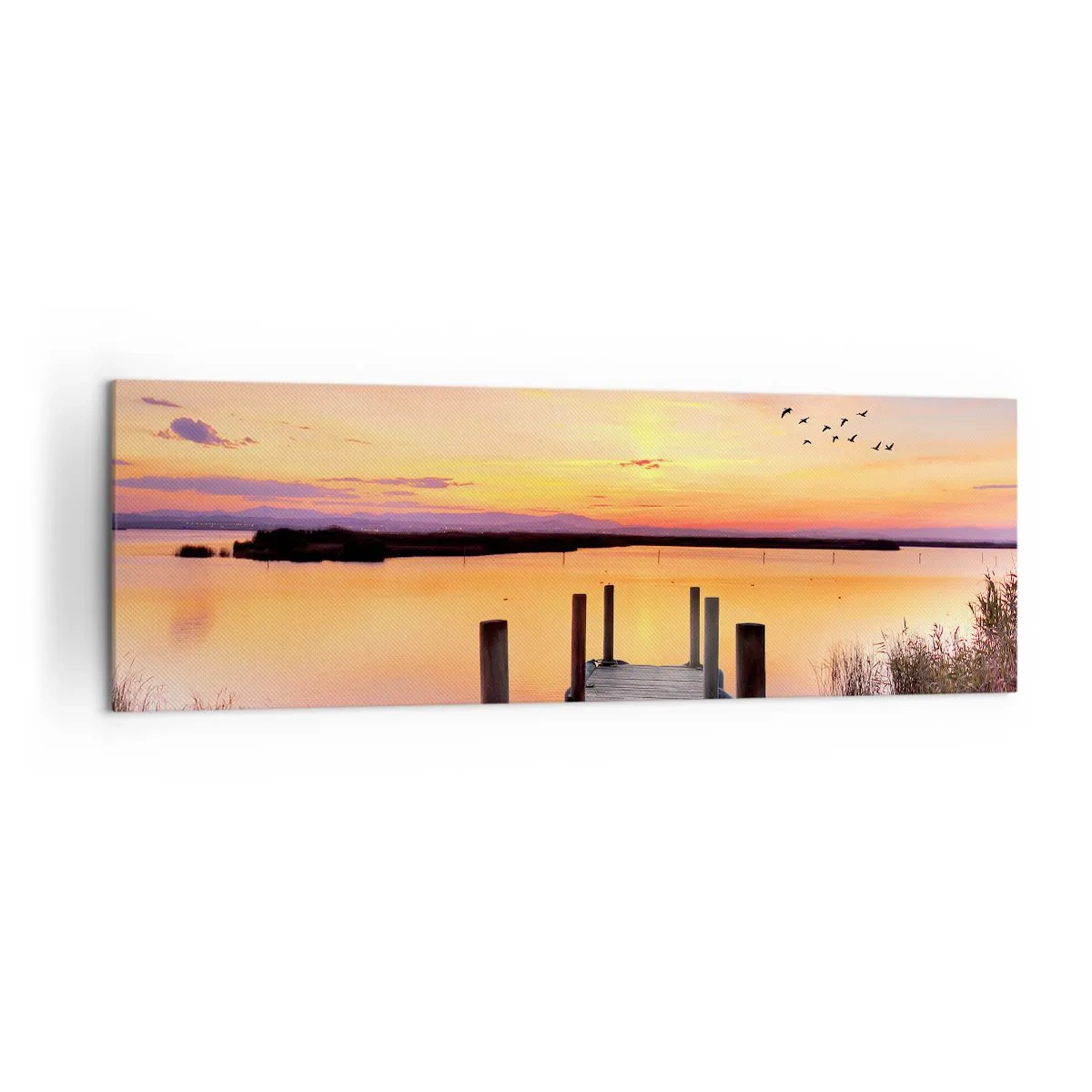 Bild auf Leinwand - Leinwandbild - Ein Pier an einem See bei Sonnenuntergang mit Vögeln am Himmel - 160x50cm - Violette stille Morgendämmerung - Moderne Wanddekoration für Wohnzimmer und Schlafzimmer ARTTOR