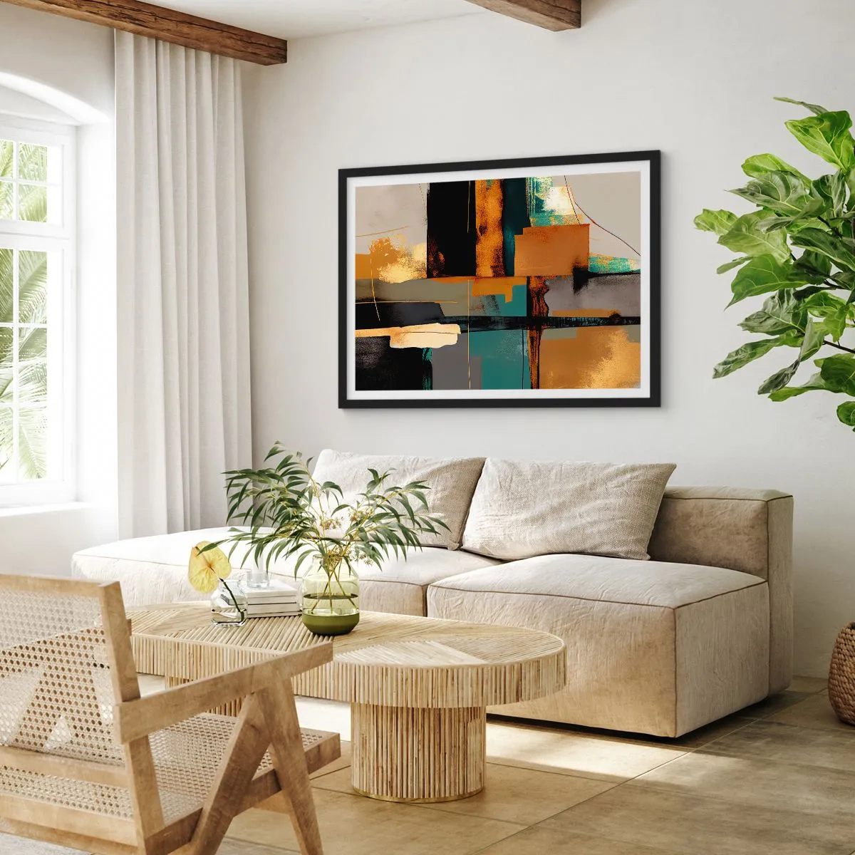 Poster in einem schwarzem Rahmen - Abstrakte Komposition mit goldenen und türkisfarbenen Elementen - 100x70cm - Abstraktion – Licht und Schatten - Moderne Wanddekoration für Wohnzimmer und Schlafzimmer ARTTOR