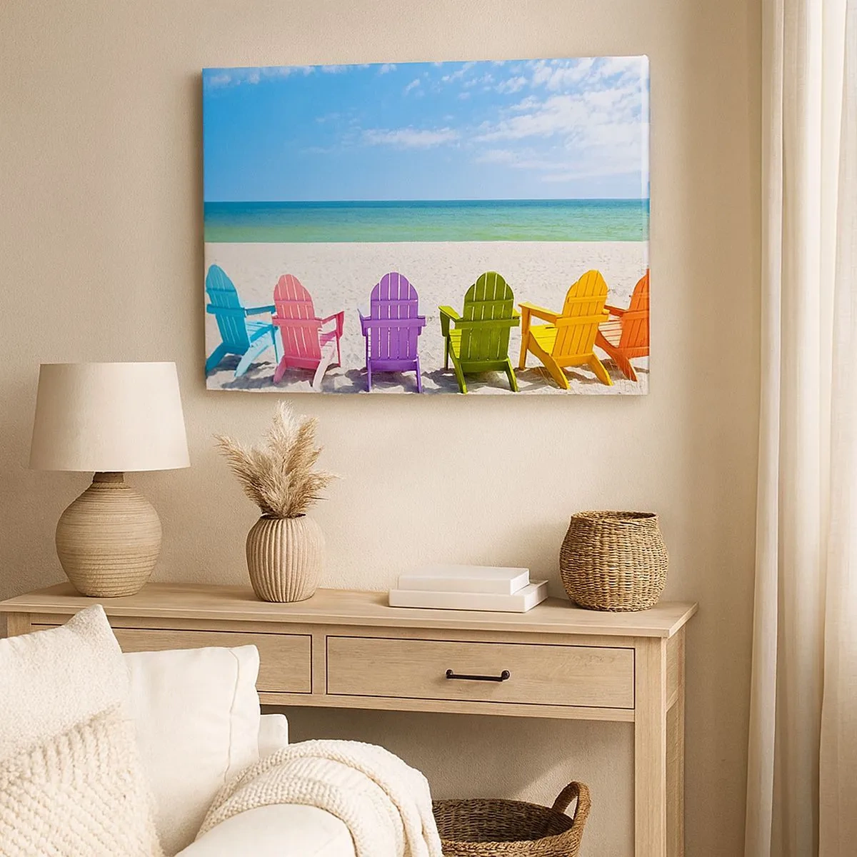 Bild auf Leinwand - Leinwandbild - Bunte Liegestühle am Strand mit Blick aufs Meer - 70x50cm - Regenbogenstrand - Moderne Wanddekoration für Wohnzimmer und Schlafzimmer ARTTOR