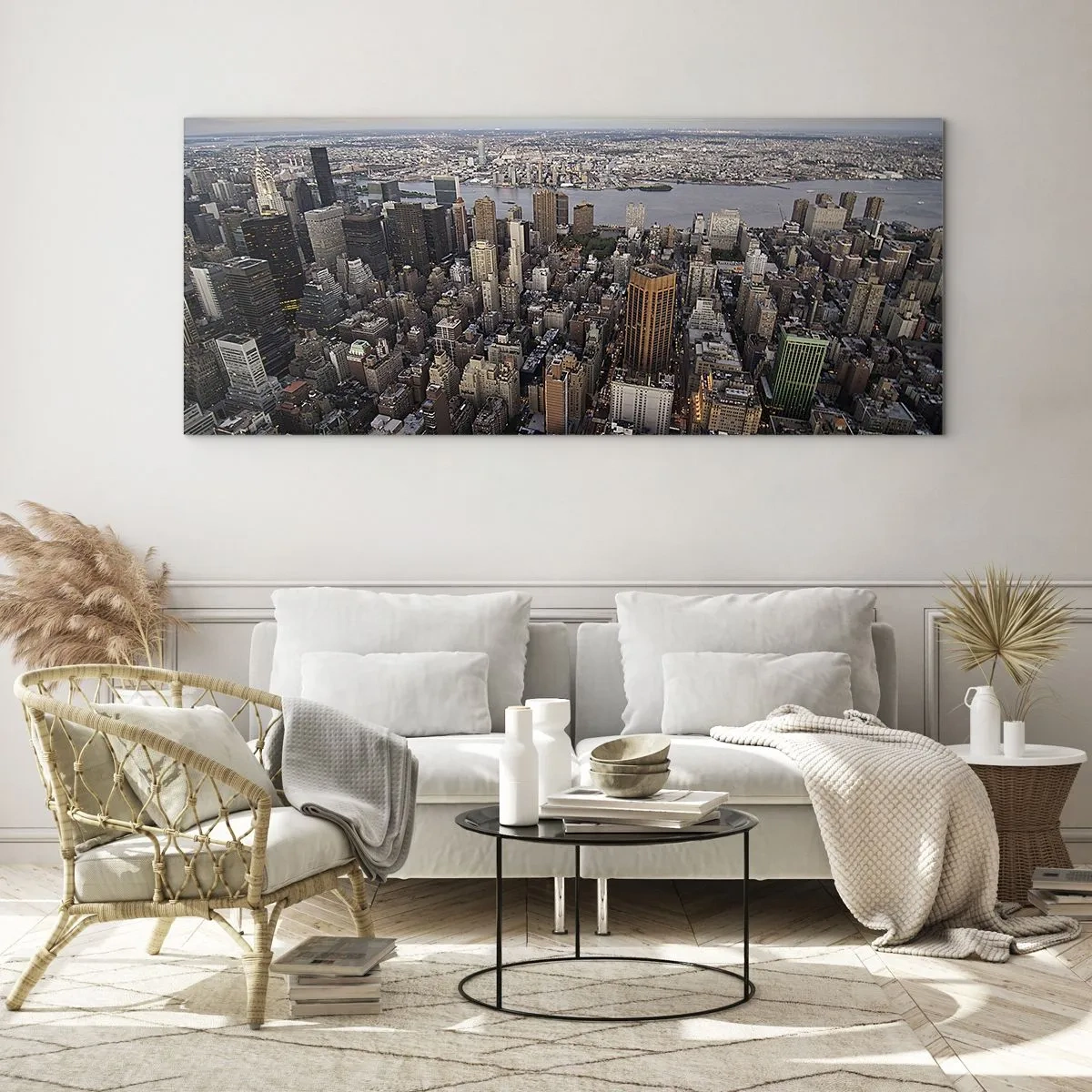 Glasbild - Bild auf glas - Blick auf die Metropole mit der untergehenden Sonne - 140x50cm - Das schlagende Herz unserer Zeit - Moderne Wanddekoration für Wohnzimmer und Schlafzimmer ARTTOR